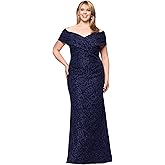 Betsy & Adam Women's Floor-Length, Off-The-Shoulder, Stretch Jacquard Gown, Navy/Navy, 22W