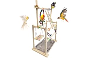 Hamiledyi Natural Wood Bird Playground - Large 3-Tier Perch Stand with Exercise Platforms Durable Activity Gym for Parrots, Cockatiels and Small Birds Bird Stand with Ladders and Swings