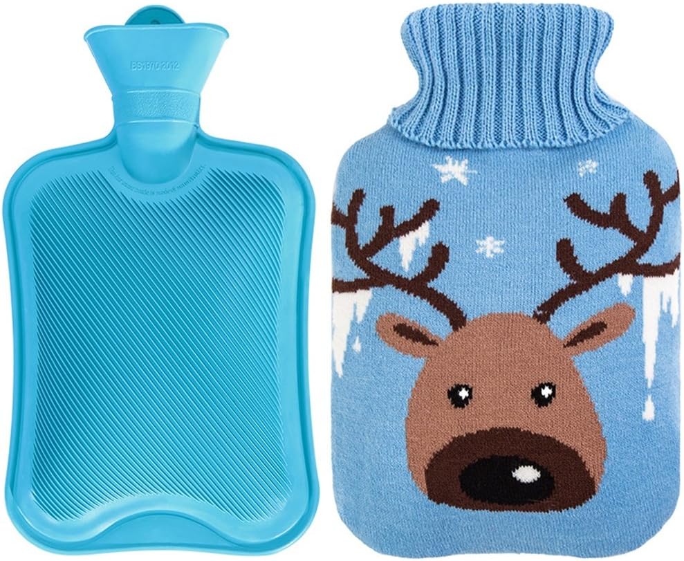 Hot water bag, natural rubber and cartoon soft knit protection to keep warm and comfortable ( Color : Blue )