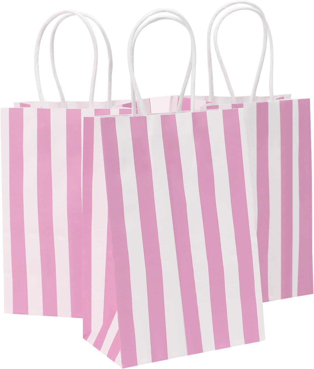 Ronvir 50Pcs Small Gift Bags 14 x 8 x 21cm, Pink Stripes Recycled Paper Bags With Handles for Party Favor,Business, Birthday