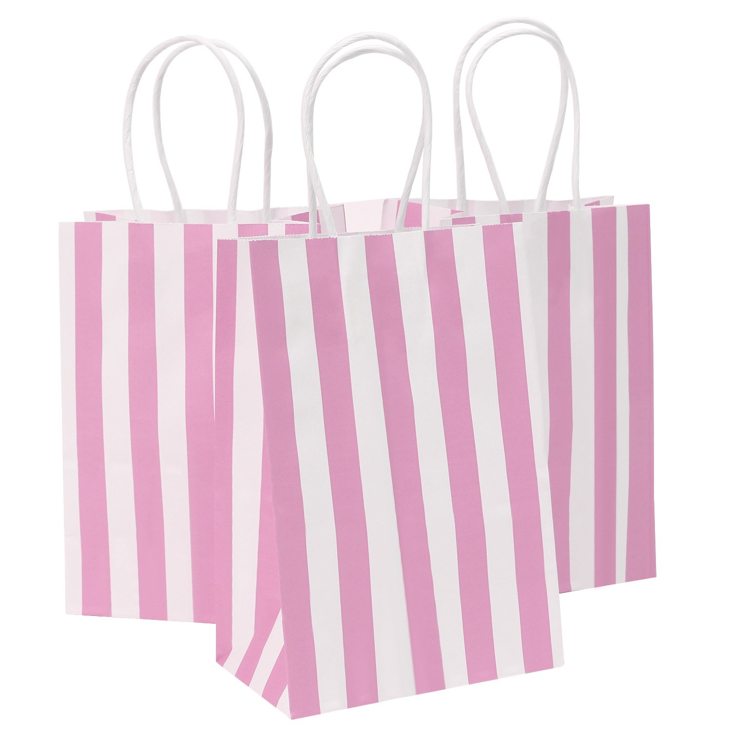 Ronvir 50Pcs Small Gift Bags 14 x 8 x 21cm, Pink Stripes Recycled Paper Bags With Handles for Party Favor,Business, Birthday, Baby Shower, Goodie, Christmas, Halloween
