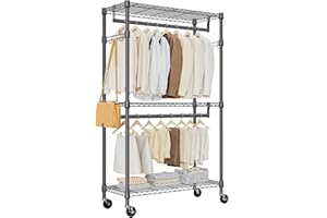 M MZG Heavy Duty Rolling Garment Rack 3 Tiers Adjustable Wire Shelving Clothes Rack with 2 Rods and Side Hooks,Storage Closet Clothing Rack with Wheels Black 15.7" D x 29.5" W x 74.5" H