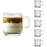 binsakao Glass Coffee Mugs 6 Pack - 12 OZ Premium Coffee Cups with Handles - Classic Vertical Stripes Transparent Tea Cup Set for Hot Cold Beverages
