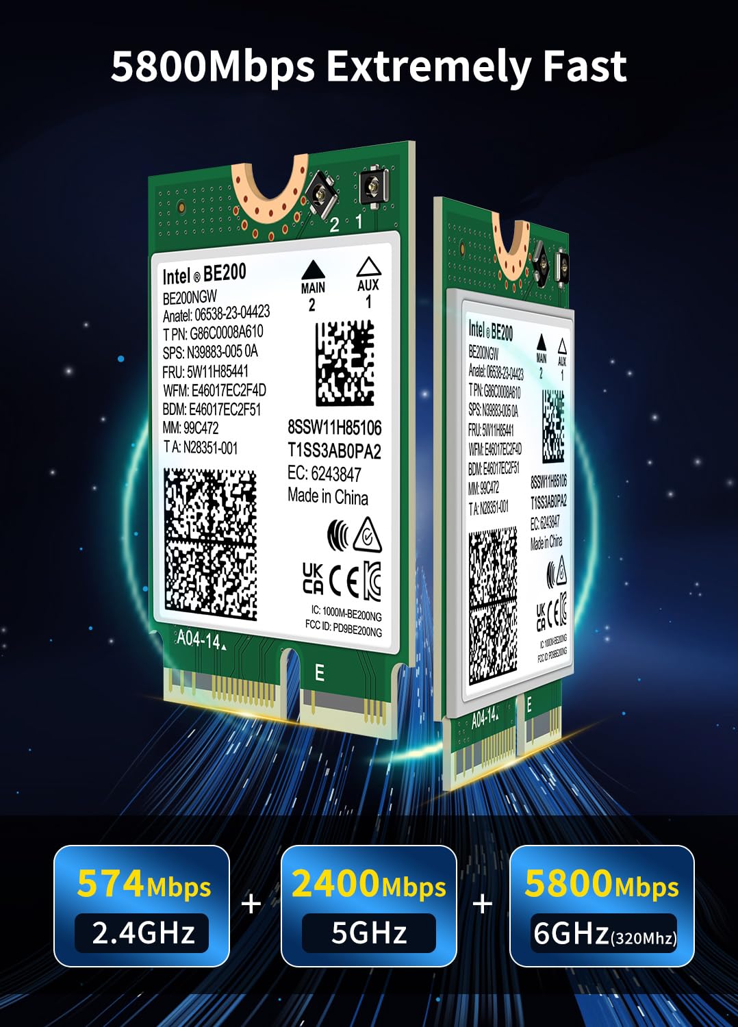 WiFi 7 Wireless Card Intel BE200 NGW, Bluetooth 5.4, 5800Mbps M.2/NGFF Network Support Windows 10/11 (64bit), Linux, Not Support AMD, Only Supports Intel 12th Generation and Above CPUs.