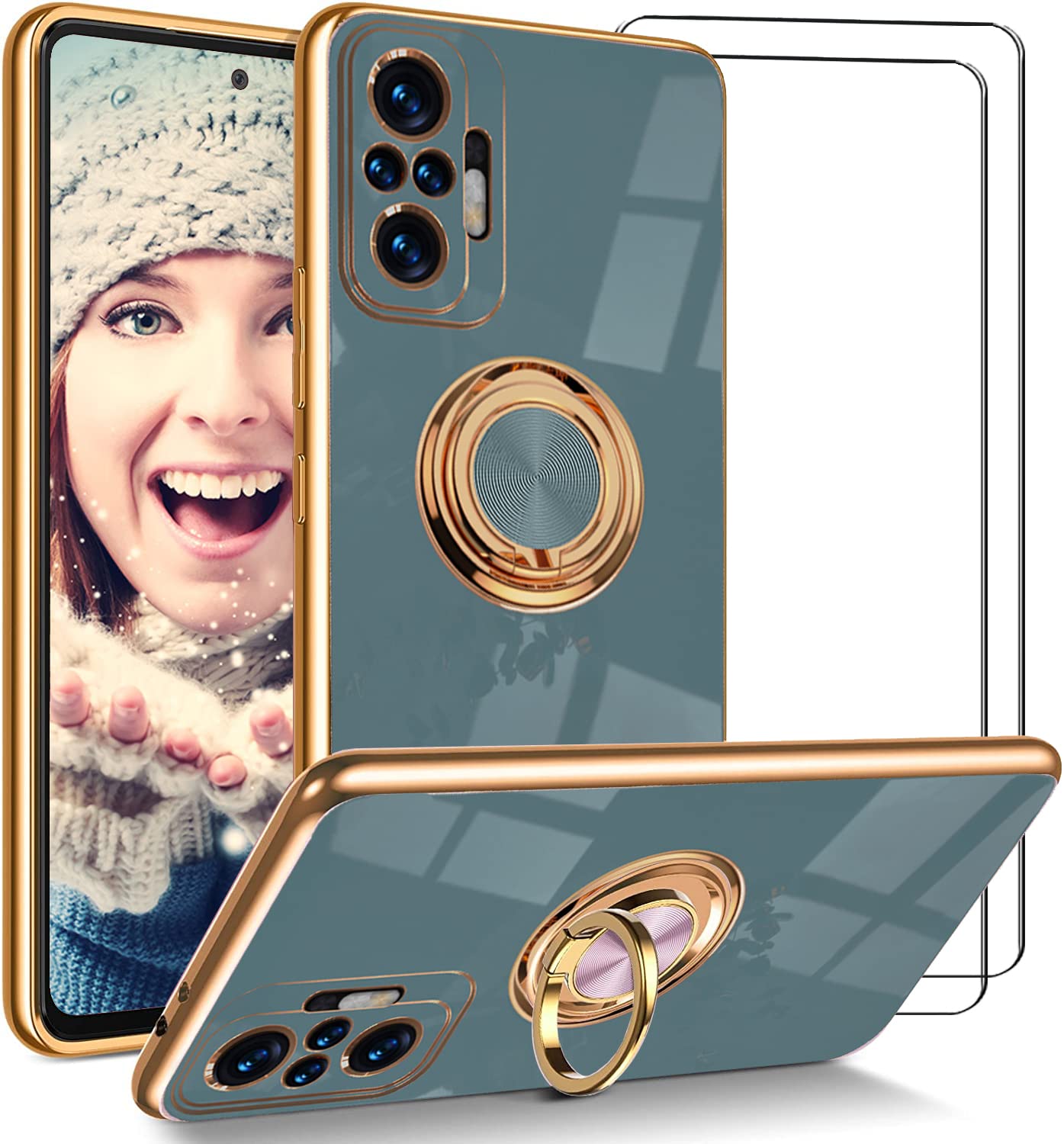 ATISIJIE Woman's Case for Xiaomi Redmi Note 10 Pro/Note 10 Pro Max with 2 Screen Protector, Ring Holder Plating Edge 360° Kickstand Cover Slim TPU Silicone Shockproof Protective Phone Case Gray