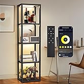 OUTON 67" Glass Display Shelf with Dimmable LED Floor Lamp, Collectibles Display Cabinet with Remote & App Control, 5 Tier Op