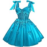 DLWPSC 3D Butterfly Homecoming Dresses for Teens Short Glitter Tulle Lace Prom Cocktail Party Gowns with Bow