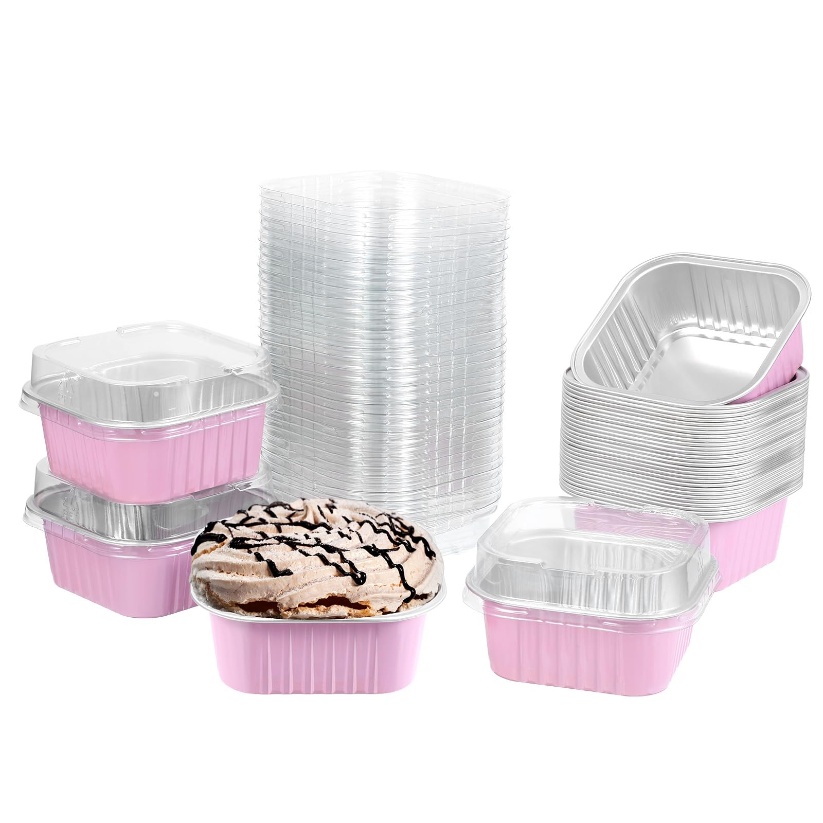 Photo 1 of 100 Pcs Mini Square Cake Pans with Lids, Pink Aluminum Foil Baking Cups 5oz Disposable Ramekins Cupcake Cups Mini Muffin Tin for Brownie Bread Cheesecake