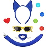 5 Pcs Blue Cat Costume Include Cat Ear Headband,Tail,Nose,Sticker and Glasses for Men Women Halloween Party Dress Up