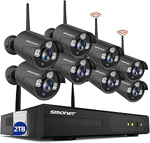SMONET H.264+ Security Camera System Wireless,8CH Full HD 1080P Wireless CCTV Camera System(2TB Hard Drive),8pcs 2.0MP Waterproof Wireless Security Cameras, P2P, Free APP,Easy Remote View