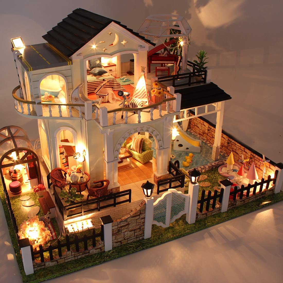 Searchyou - DIY Dollhouse Miniature Kit, Creative Handmade Wooden Dollhouse Lighting Music Mini House Toys Best Gifts for Kids Adults,Happy Together