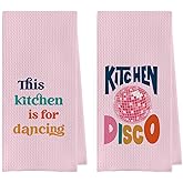 Geqtt Disco Ball Dish Towel - Pink Dish Set, Preppy Waffle Weave Kitchen Towels, Disco Ball Hand Towel, Pink Dish Towels with Sayings Tea Towel (16×24 Inches Set of 2)