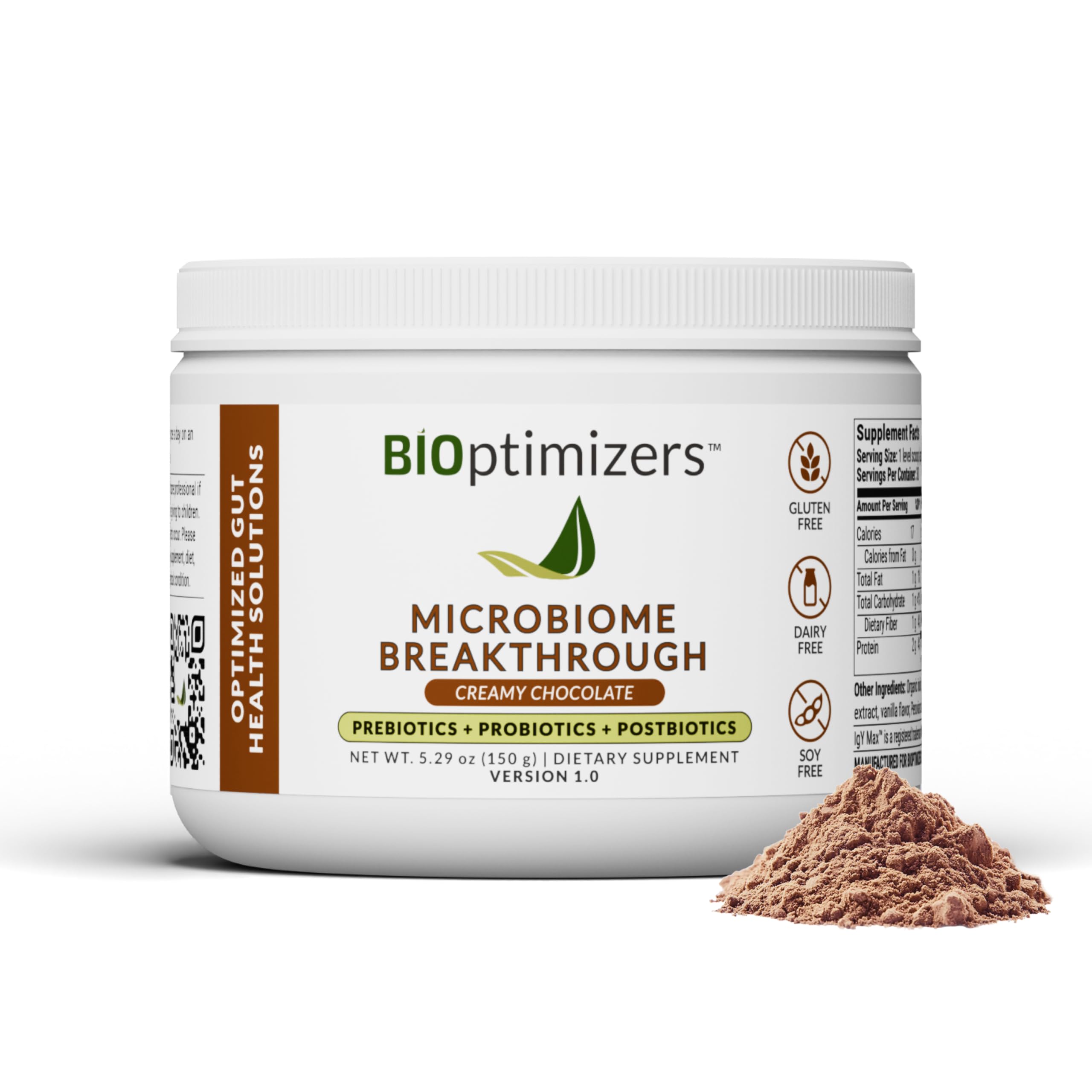 BiOptimizers Microbiome Breakthrough Repair Powder 150g | Chocolate Flavor | Contains Probiotics for Men & Women | Gas & Bloating Relief, GI Revive, Improves Gut Health | 30 Servings