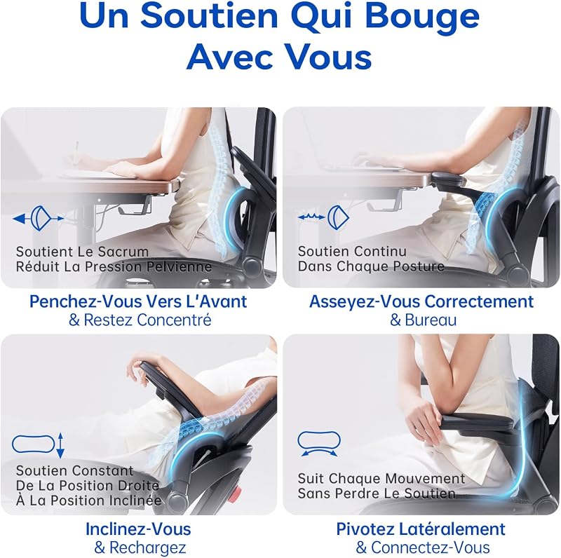 B300 Pro Chaise Ergonomique, Support Lombaire Adaptatif, Noir — photo 6 sur 8