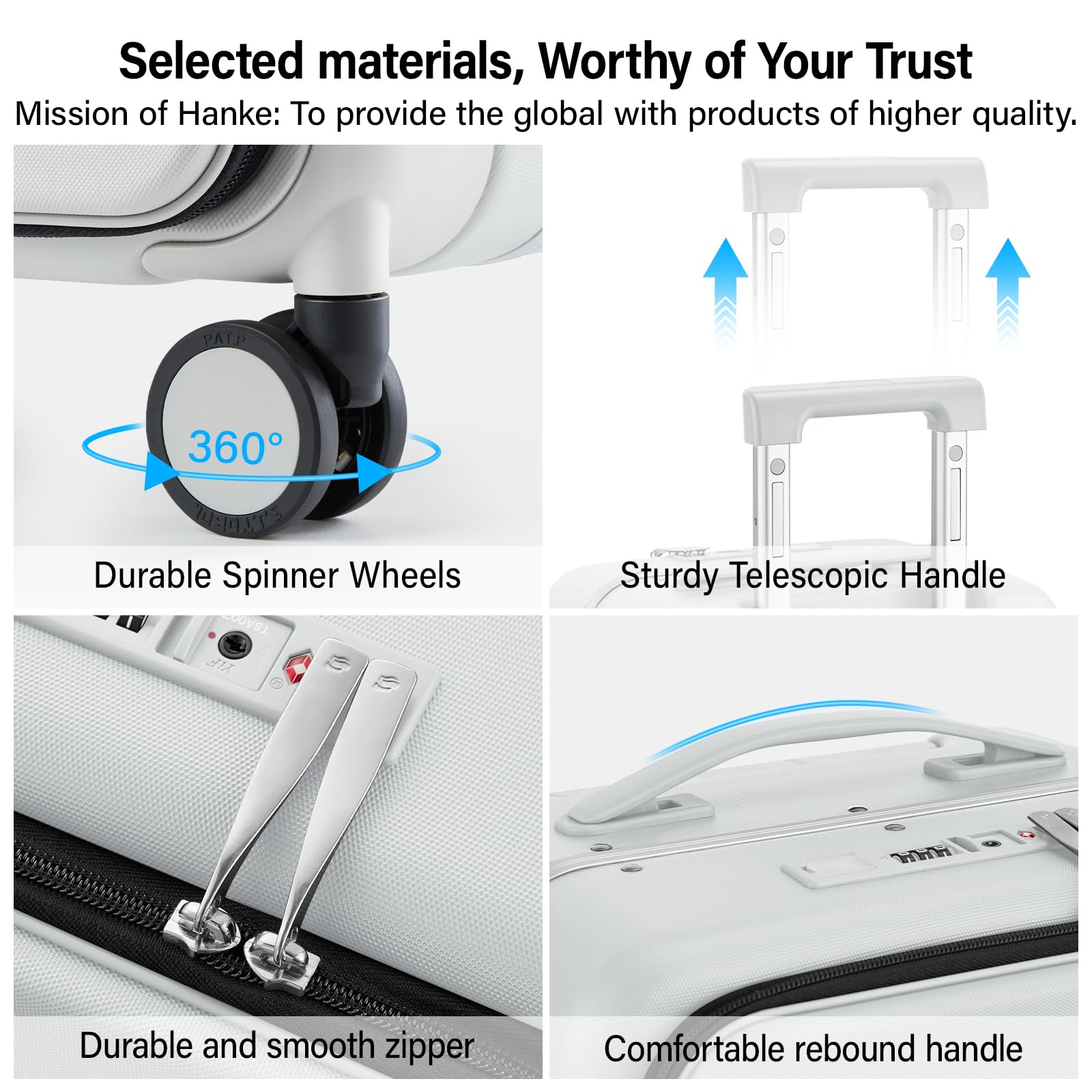 Hanke 20 Inch Carry On Luggage with Cup Holder and Charge,Top Opening Hard Shell Suitcases with Wheels and Dividers,Aluminum Frame Trunk Luggage Small Suitcase with Lock for Travel,Smoke White