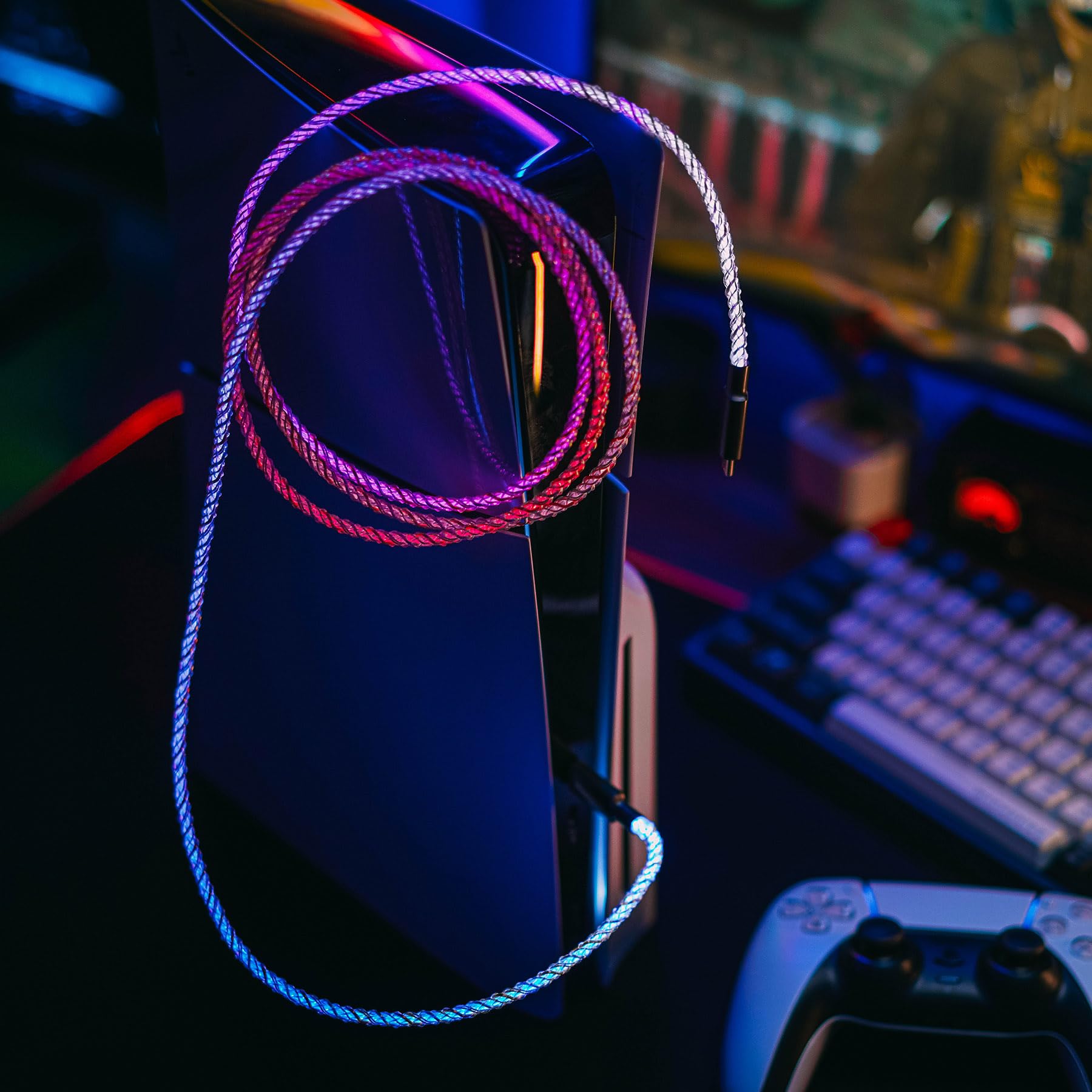 PlayVital 3.28 ft Illuminated Charging Cable for PS5 Edge Controller, Type C to C Charging Cable for Gamepad, Universal LED Light Data Cable for Xbox Core/Elite Series 2/Switch Pro Controller