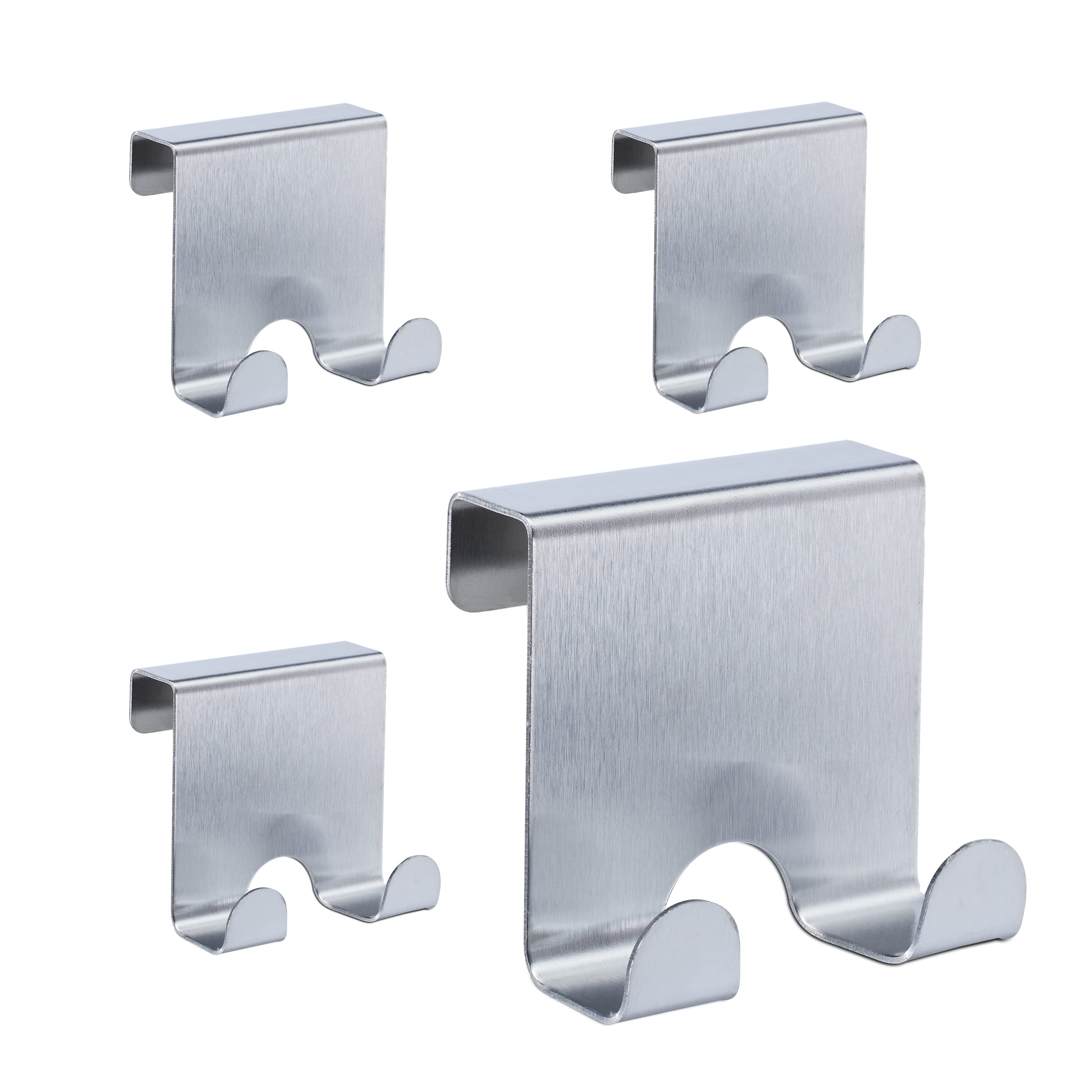 Relaxdays Door Hook Set of 4, Stainless Steel, Double Hooks, for Hallway, Bedroom, Bathroom, HWD 6.5 x 7 x 5 cm, Silver