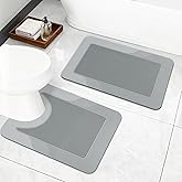 ArtyCozy Super Absorbent Stain Resistant Soft Bath Mat 2 Piece with U-Shaped Toilet Rug, Easy Care Non-Slip Thin Bathroom Rug with Rubber Backed, Grey, 16" × 24" Plus 20" × 24"