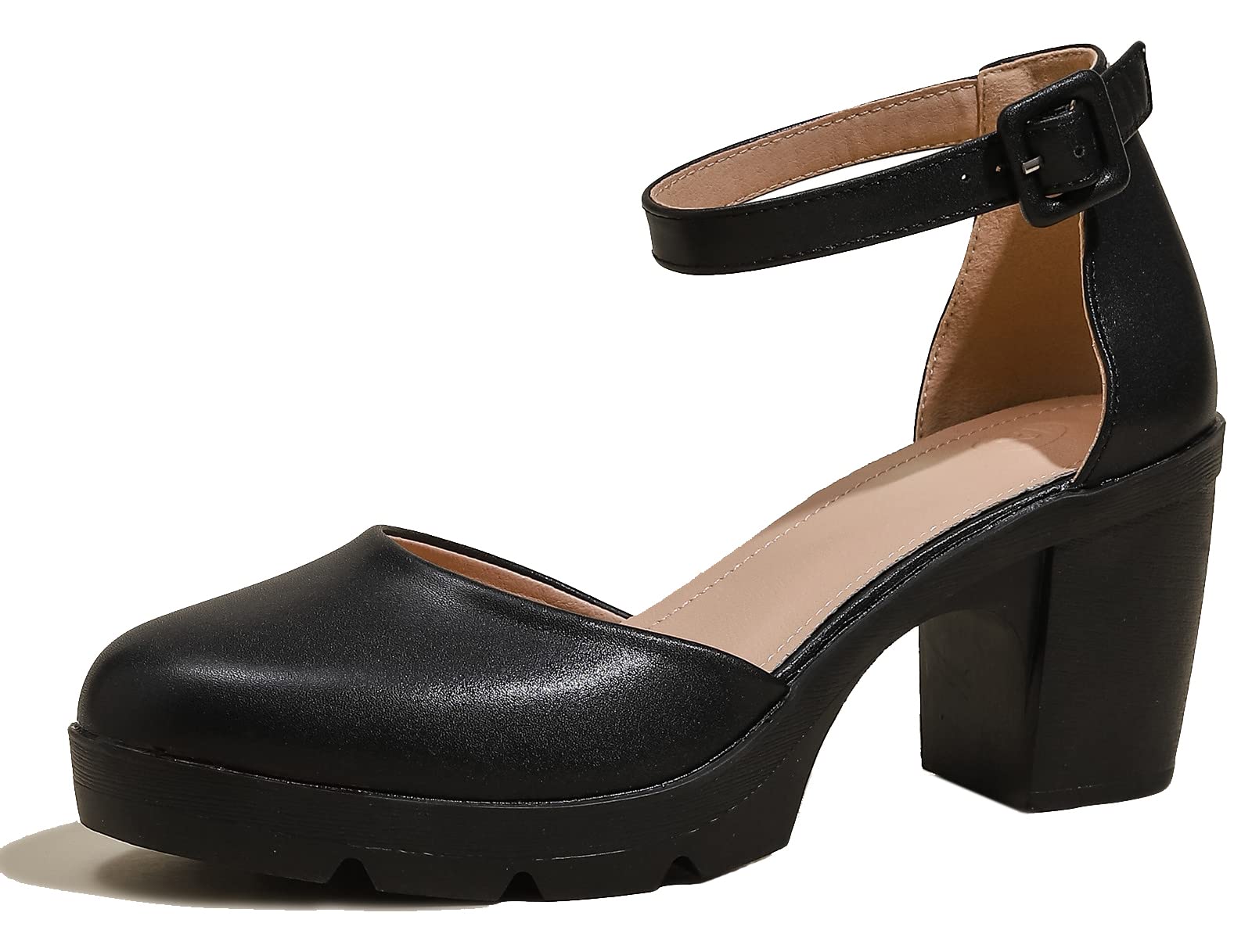 Photo 1 of (7-9size)DADAWEN Women's Closed Toe Low Block Chunky Heels Round Toe Ankle Strap Wedding Work Dress Pump Shoes Black US Size 