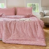 NSNLGSGC Red Gingham Grid Duvet Cover Set Queen, 100% Washed Cotton Plaid Comforter Cover Set,Ultra-Soft & Lightweight Cottage Bedding Set(3PCS, Queen)