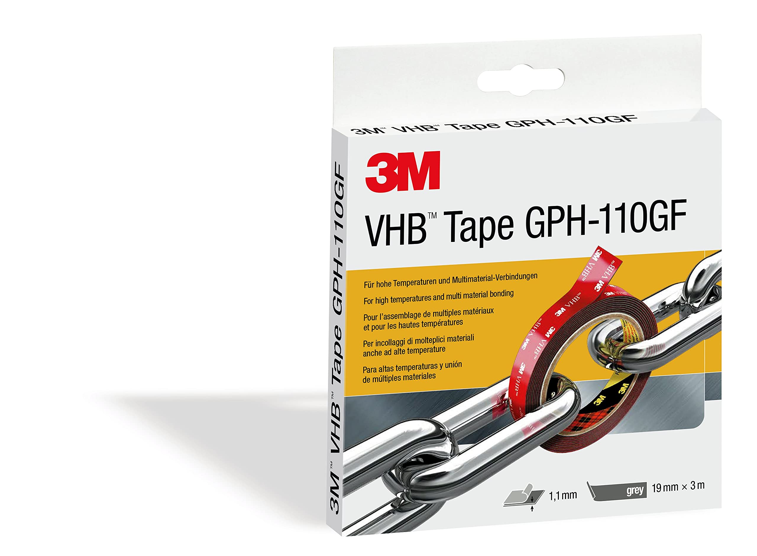 3M VHB GPH-110GF Double Sided Adhesive Tape - Designed to create durable and reliable bonds for high temperatures and multi material bonding - 19mm x 3m, Thickness 1.1mm, Grey (1 Roll)