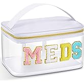 Geetery Chenille Letter Bag, Meds Cheer Travel Cases Cheerleader Gifts Cosmetic Bag Nylon Makeup Portable Preppy Patch with Zipper Toiletry Storage Case for Women(White,Meds)