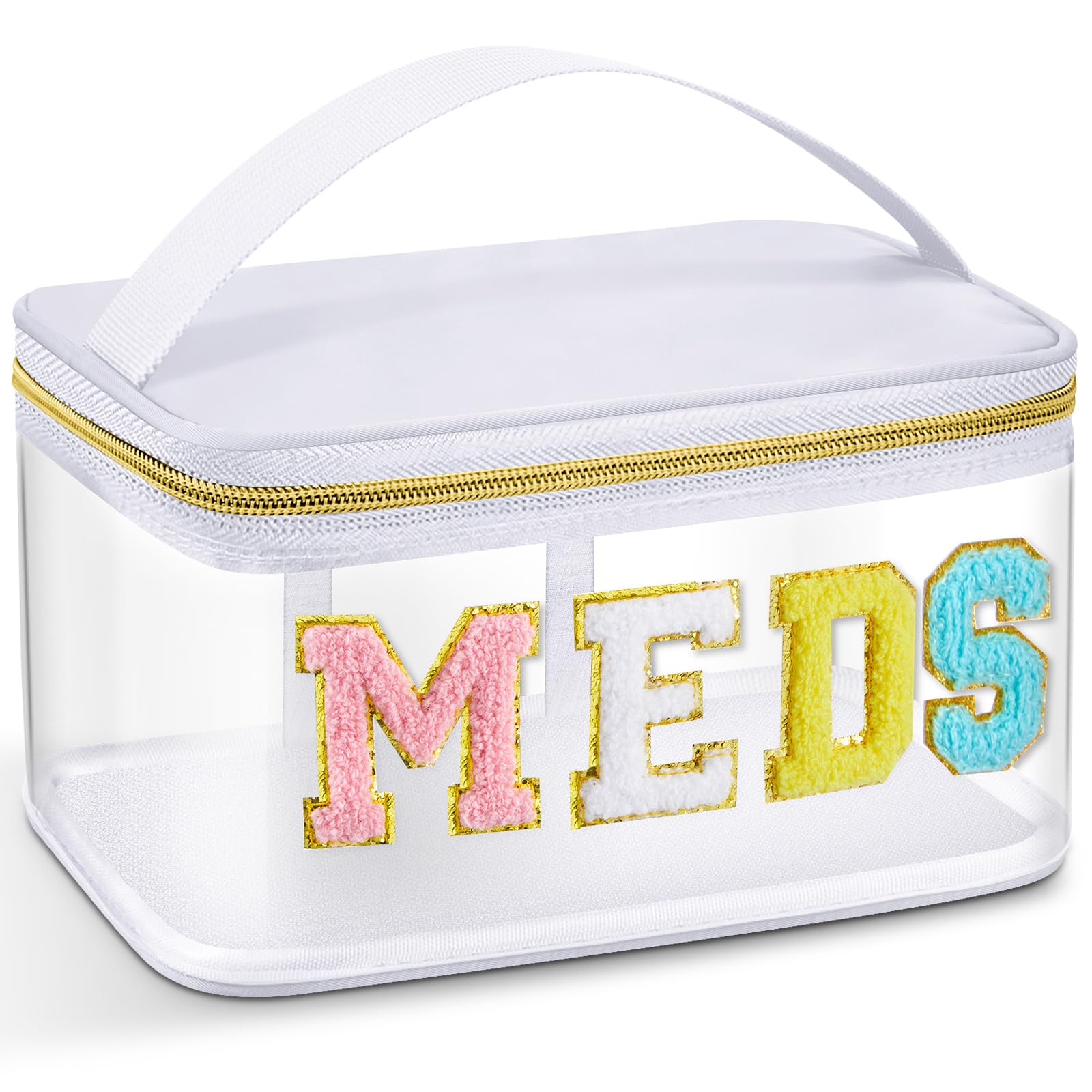 Photo 1 of Geetery Chenille Letter Bag, Meds Cheer Travel Cases Cheerleader Gifts Cosmetic Bag Nylon Makeup Portable Preppy Patch with Zipper Toiletry Storage Case for Women(White,Meds)