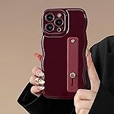 FABSPARK Phone Case for iPhone 16 Pro with Flexible Adjustable Soft Finger Hand Wrist Strap Holder Kickstand,Wave Design Wavy Frame Silicone Aesthetic for iPhone 16 Pro Phone Case,Wine Red