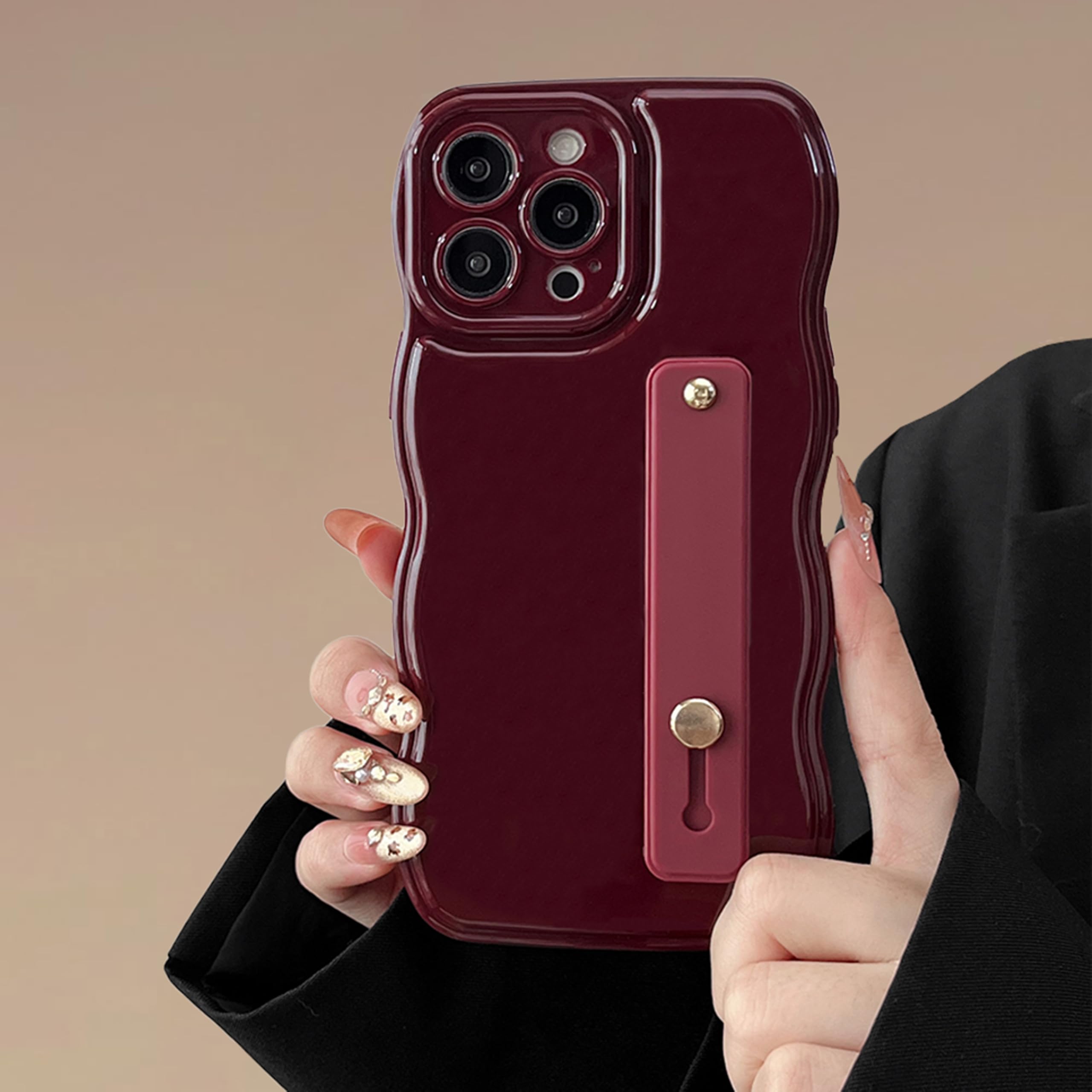Photo 1 of FABSPARK Phone Case for iPhone 15 Pro with Flexible Adjustable Soft Finger Hand Wrist Strap Holder Kickstand,Wave Design Wavy Frame Silicone Aesthetic for iPhone 15 Pro Phone Case,Wine Red