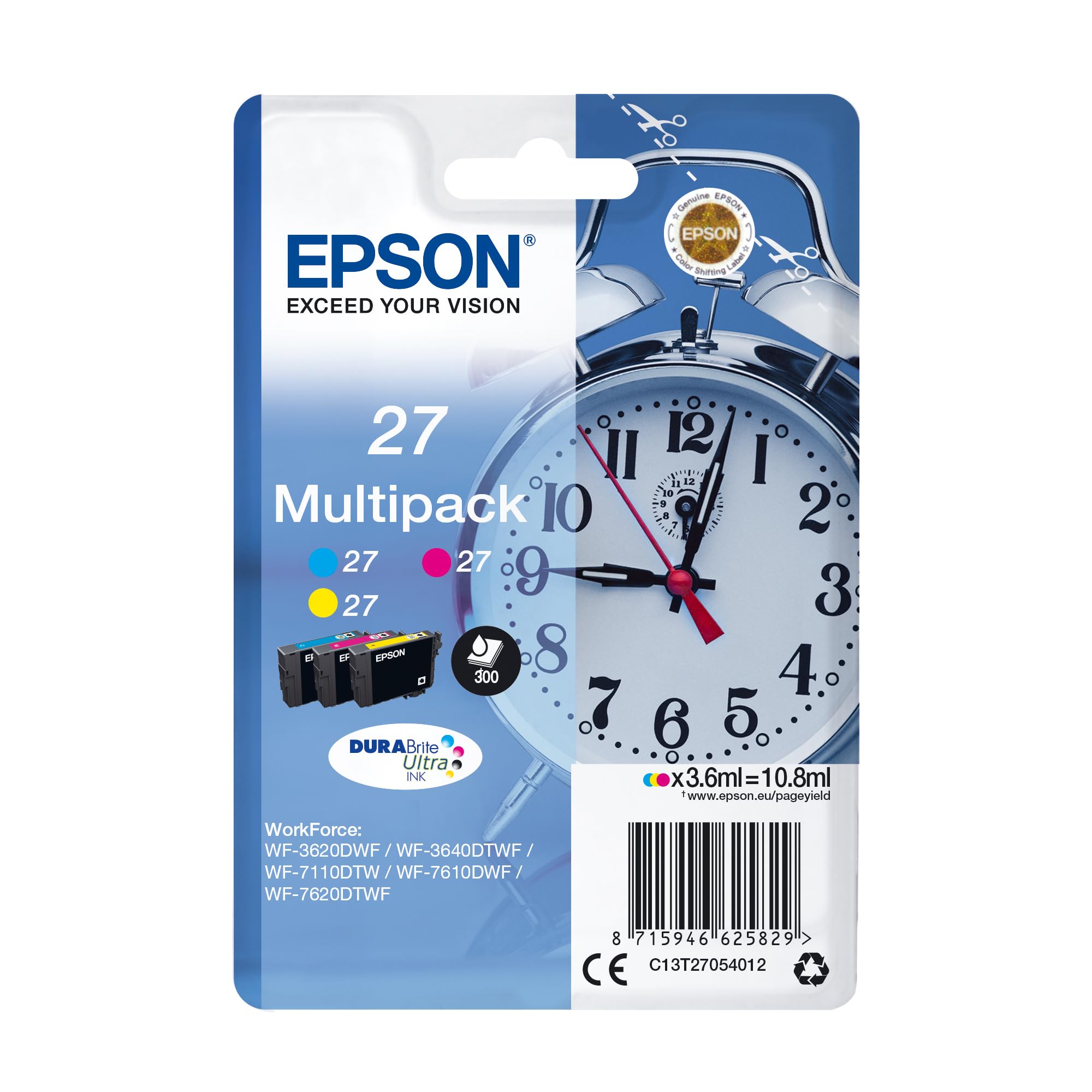 Epson 27 Alarm Clock Genuine Multipack, 3-colours Ink Cartridges, DuraBrite Ultra Ink