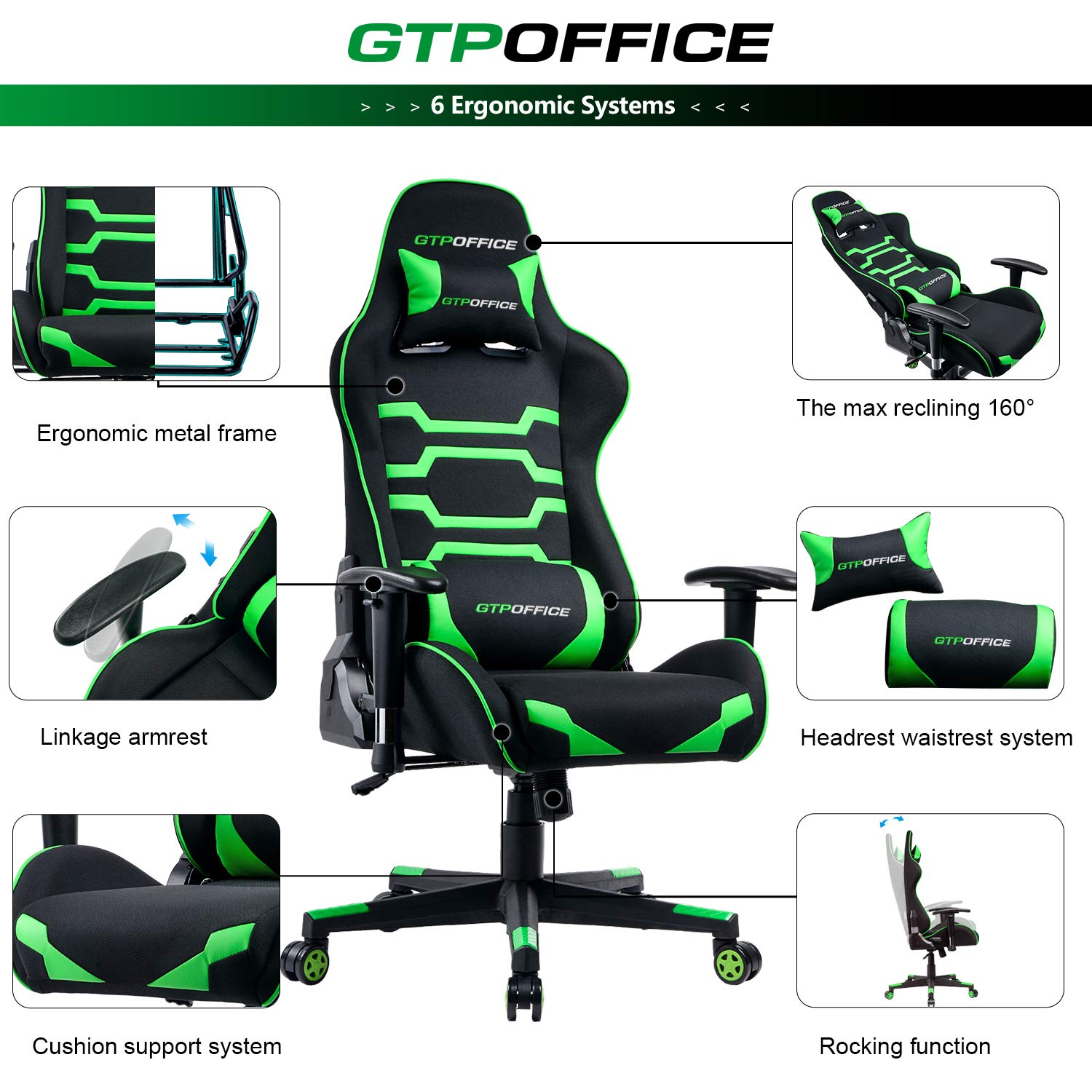 GTPOFFICE Gaming Chair Ergonomic Office Chair Fabric Racing Style E