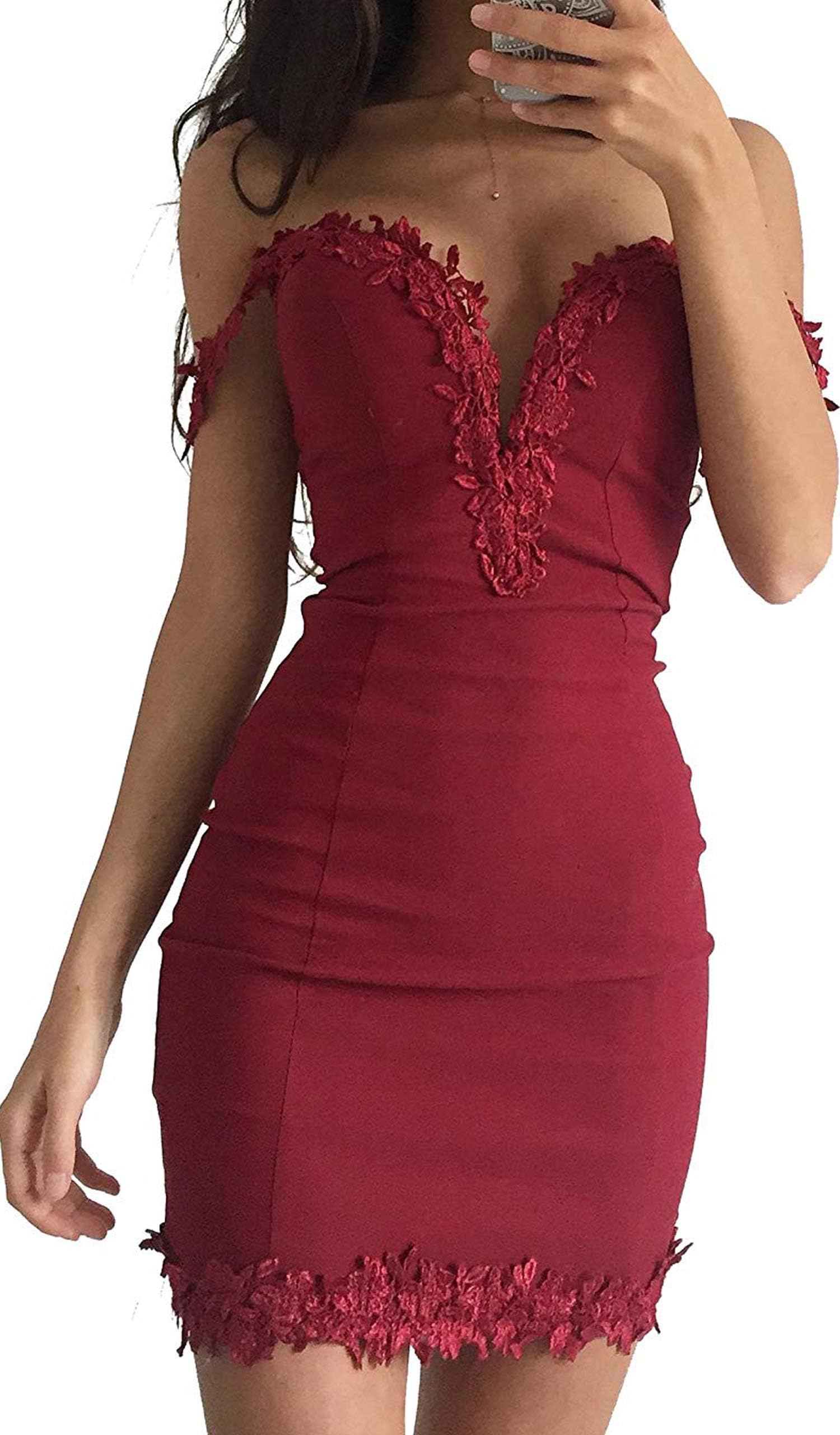 MQ Boutique Womens Bandeau Off Shoulder Lace Plunge Mini Dress 2 Colour Size 6-14, Red, Size 6