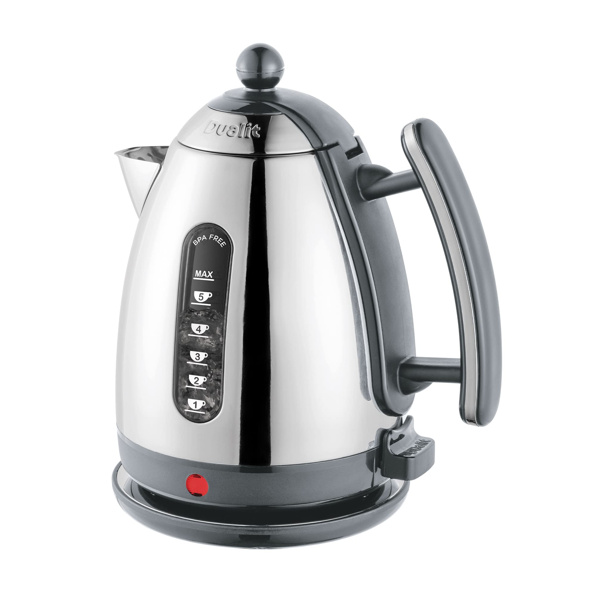 Dualit Lite 1.5L Jug Kettle - Polished Stainless Steel with Black Trim, Fast Boiling, Non-Drip, Dual Measuring Windows, 3kW, 230V, Grey