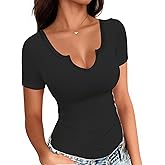 Buauty Women's Tops V Neck Shirts Short Sleeve Tshirt Fitted Basic Tees Summer Tunic Ribbed Sexy Clothes Casual Cute