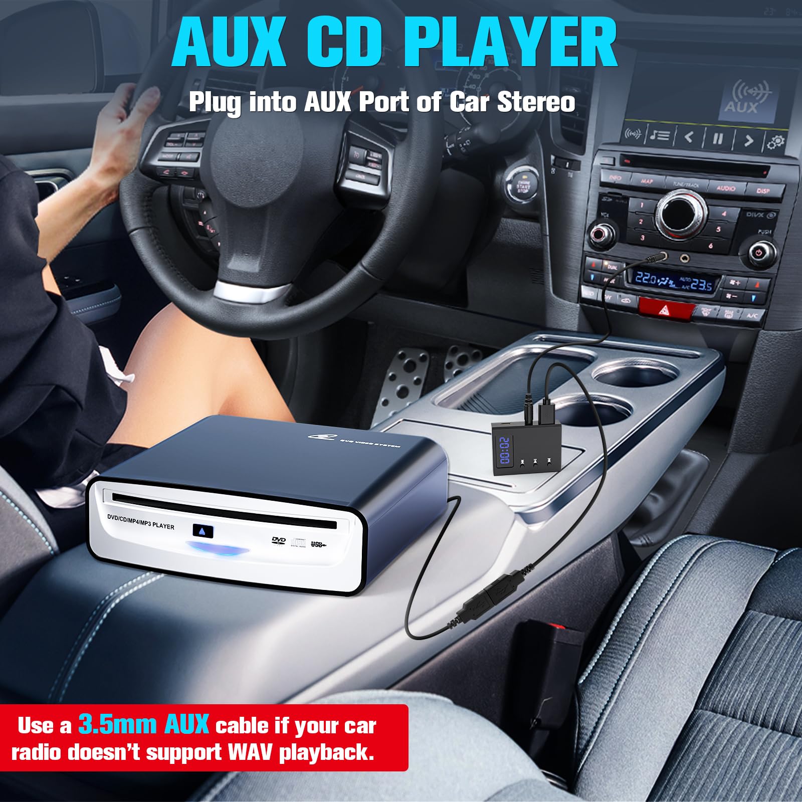 CD Player for Car with USB & AUX Ports, Upgraded Portable External CD DVD Player for Car Laptop Desktop TV Mac Computer, with Extra USB Extension Cable