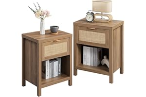 SICOTAS Rattan Nightstands Set of 2 - Farmhouse Night Stand with Drawer and Storage Shelf - Boho Bedside Table End Side Table for Bedroom, Oak