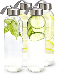 16 Ounce Glass Water Bottles, Water Bottles with Airtight, Pack of 4, Stainless Steel Lids Carrying Strap And Nylon Water Bottle Protective Sleeves for Hot Or Cold Drinks.
