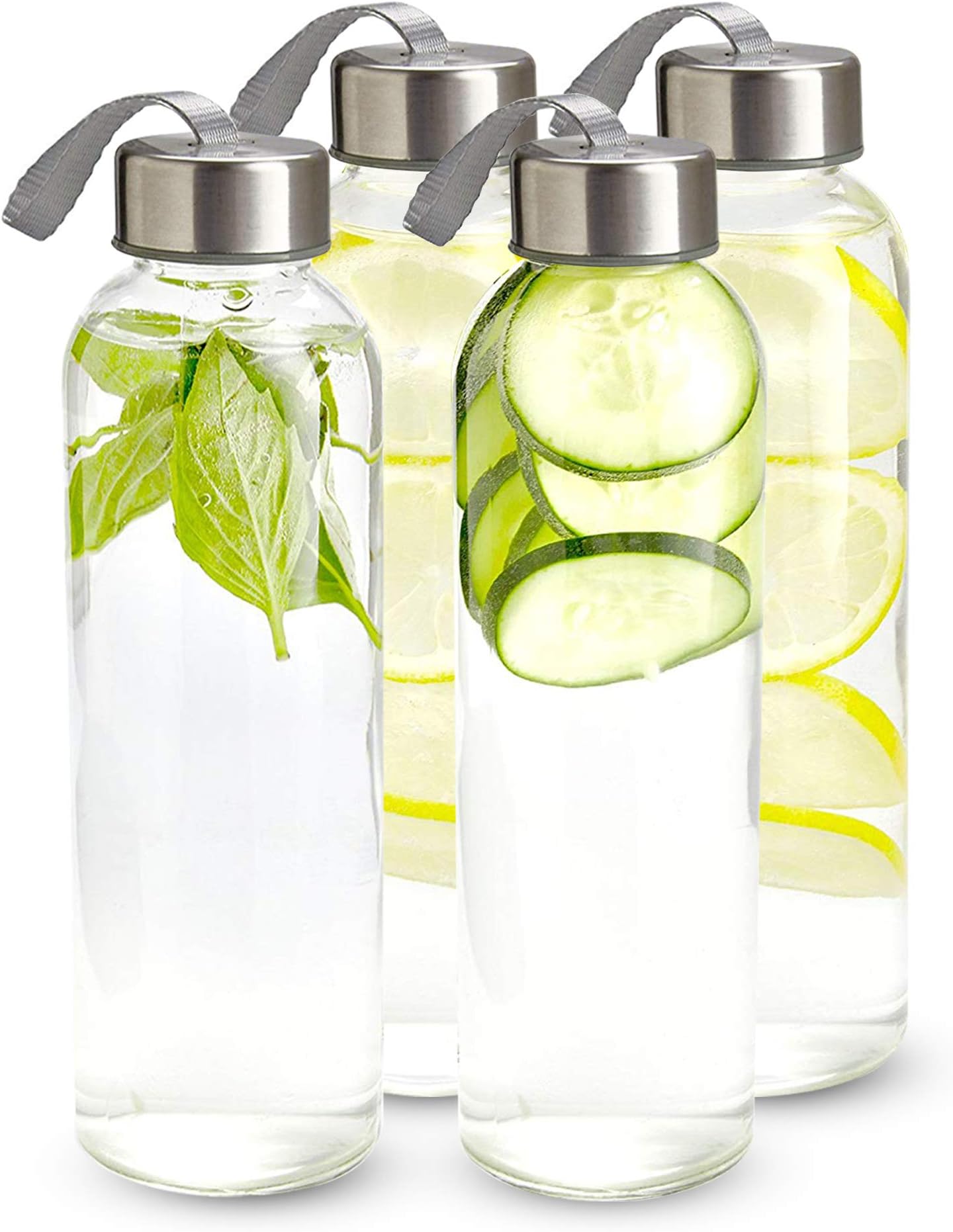 Kitchen Lux 16 oz. Glass Water Bottles, Reusable Water Bottles with Airtight, Stainless Steel Lids + Bonus Carrying Strap & Nylon Water Bottle Protective Sleeves for Hot & Cold Drinks