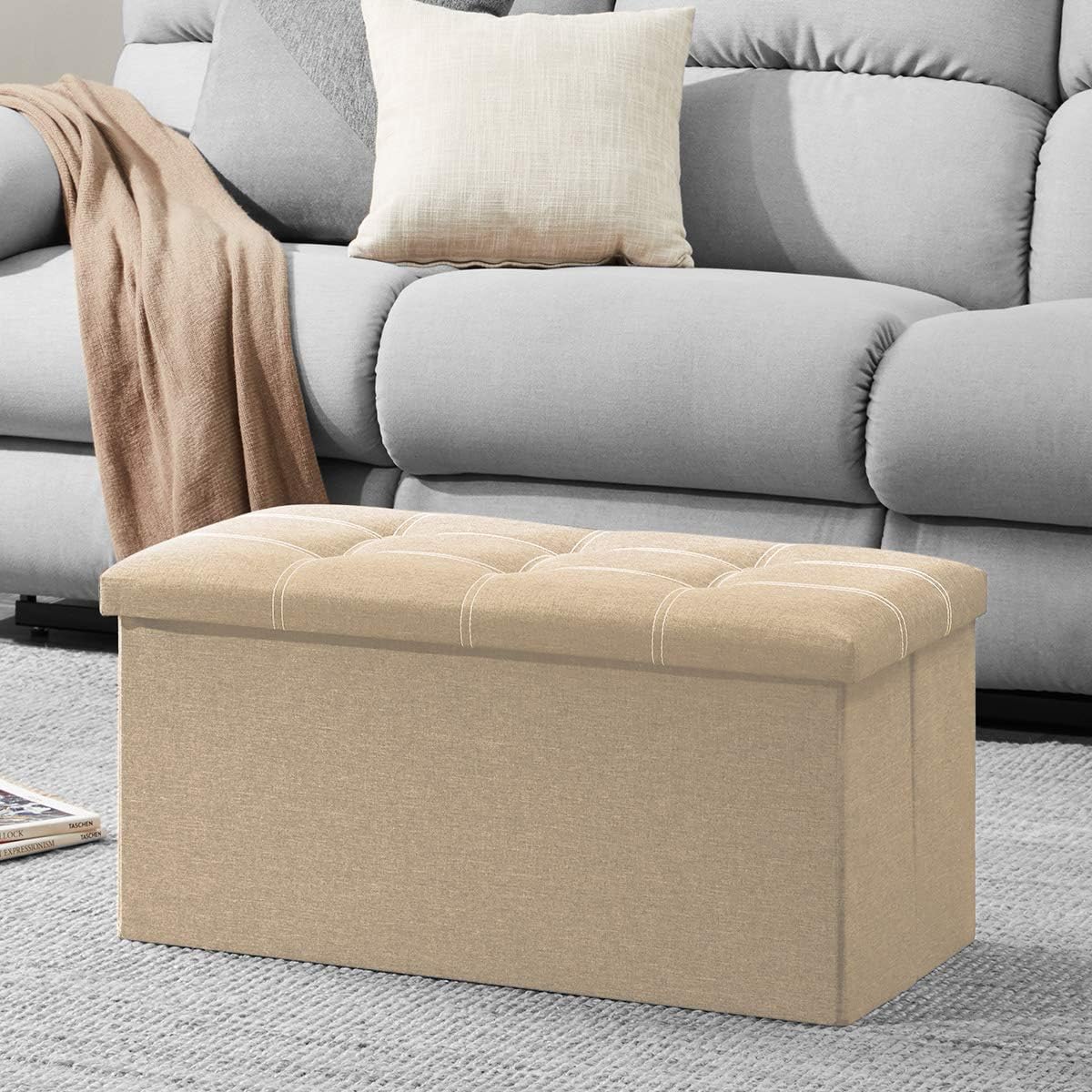 YOUDENOVA 30 inches Storage Ottoman Bench, Foldable Footrest Shoe Bench with 80L Storage Space, End of Bed Storage Seat, Support 350lbs, Linen Fabric Beige: Kitchen & Dining