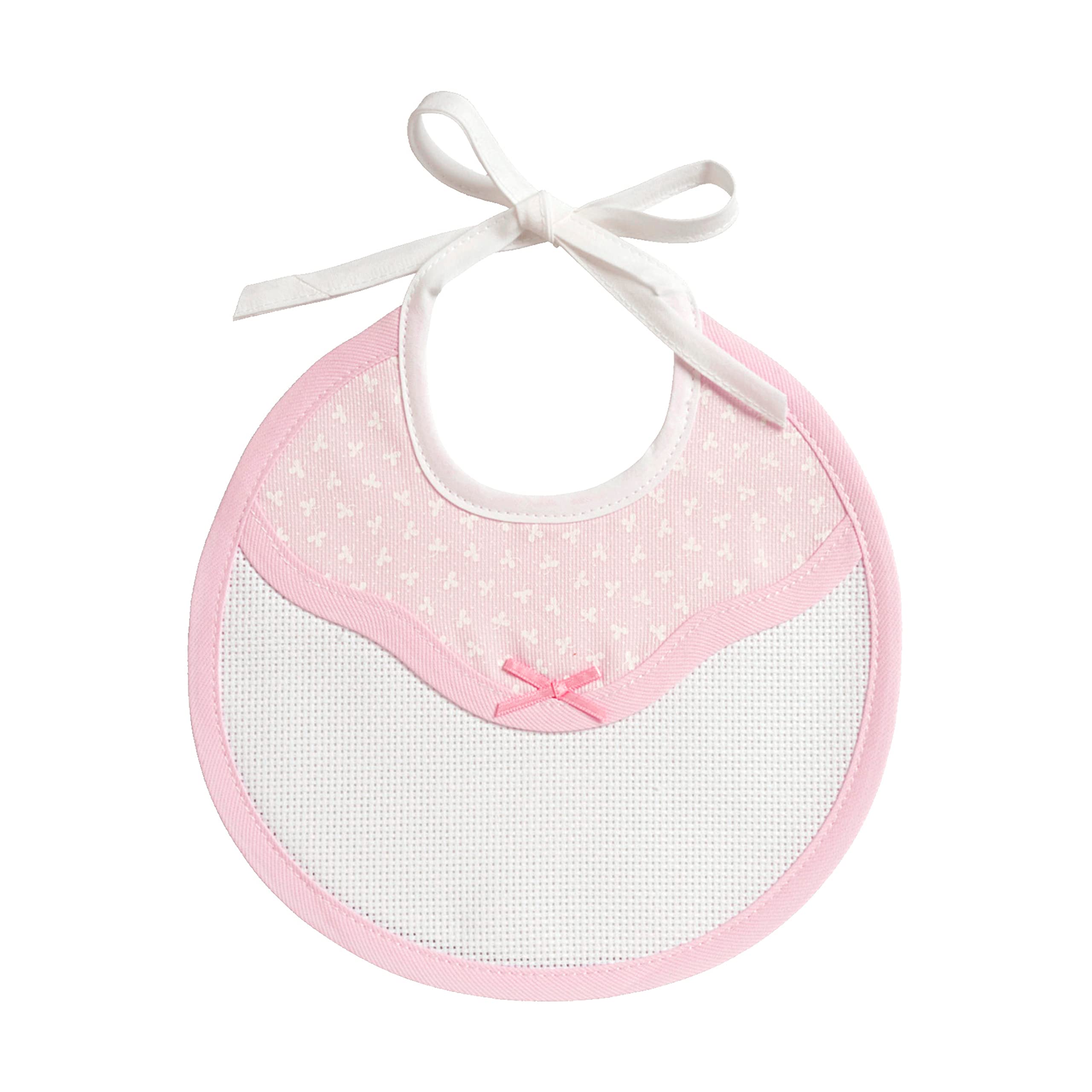 FILET - Round Bib with Aida Insert for Embroidery, Made of Cotton Pique with Shamrock Print, Ideal for Newborn Babies, 100% Made in Italy, size 20x20 cm, Pink Colour
