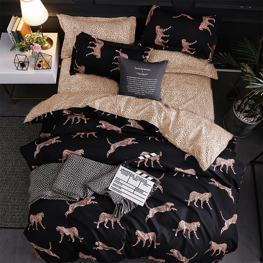 JQWUPUP Leopard Print Double Duvet Cover Set, Animal Black Bedding Double Bed, Cute Bedding for Kids girls Adults — image 1