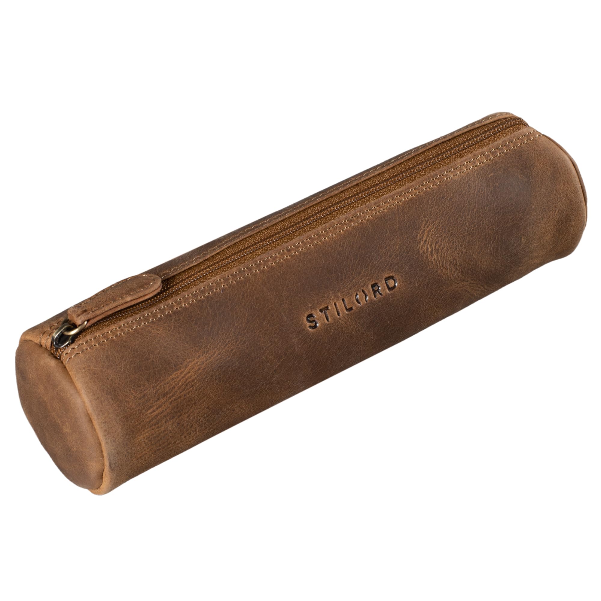 STILORD "Miller" Pencil Roll Case Leather Vintage Pen Pouch Round Organiser for Women Men Stationary Case Slim in Genuine Leather Colour:Middle Brown