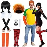 Seenelling 8 Pcs Halloween Hotel Vampire Couples Costume Set for Adults | Halloween Couples Cosplay Accessory, Black Orange Wigs, Fingerless Gloves, Red Black Striped Socks, Arm Sleeves, Fangs