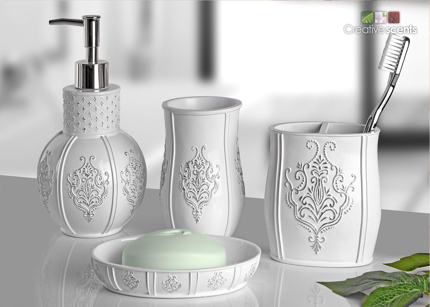 Creative Scents Vintage White Hand Soap Dispenser (4.25” x 4.25” x 7.75”) Countertop Decorative Lotion Pump, Resin Shower Dispensers, for Elegant Bathroom Decor White/Silver: Home & Kitchen