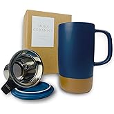 Mora Ceramics Large Tea Mug with Loose Leaf Infuser and Ceramic Lid, 18 oz, Portable, Microwave and Dishwasher Safe, Tall Coffee Cup - Rustic Matte Ceramic Glaze, Modern Herbal Tea Strainer, Deep Blue