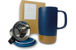 MORA CERAMICS HIT PAUSE Mora Ceramics Large Tea Mug with Loose Leaf Infuser and Ceramic Lid, 18 oz, Portable, Microwave and Dishwasher Safe, Tall Coffee Cup - Rustic Matte Ceramic Glaze, Modern Herbal Tea Strainer, Deep Blue