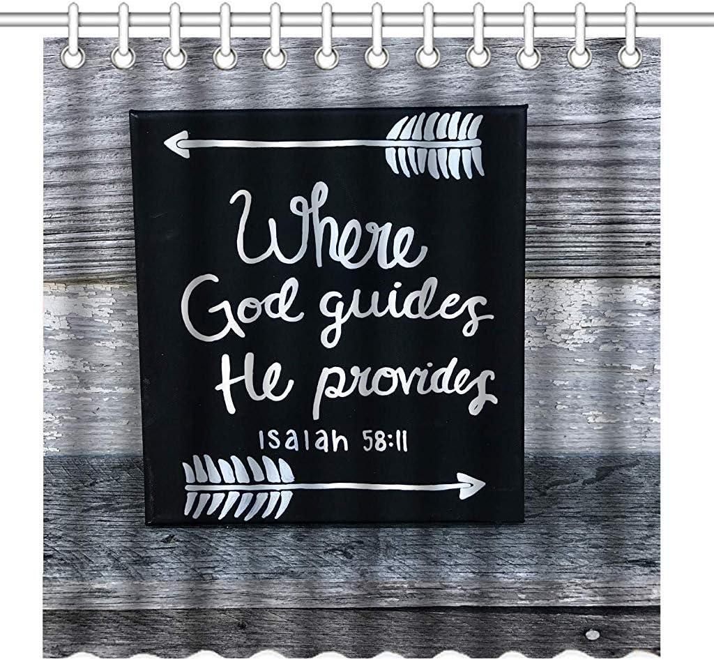 GOOESING Shower Curtain with Hooks, Bible Verses Scripture Quotes on The Rustic Wood - Where God Guides, He Provides Isaiah 58-11
