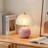 PARTPHONER Mushroom Table Lamp, Ceramic Bedside Lamp with Glass Shade, 3-Way Lighting (2700K-5000K) Rocker Switch, Small Nigh