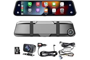 Oncheer 12" 2K Mirror Dash Cam, in-Mirror Mounted HD Smart Touch Screen Front & Rear Backup Camera Support Apple CarPlay & Android Auto for All Vehicles & Trucks, Parking Monitoring, Free 64GB Card