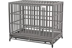 SMONTER 46" Strengthened Heavy Duty Dog Crate Strong Metal Pet Kennel Playpen with Two Prevent Escape Lock, Large Dogs Cage with Wheels, Dark Silver
